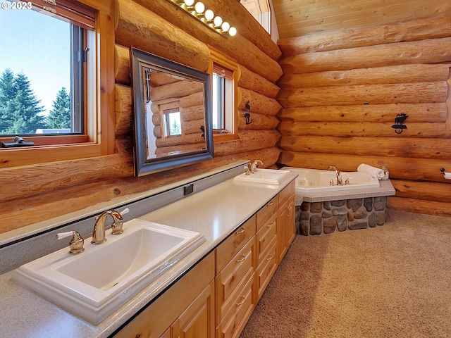 bathroom featuring log walls, dual sinks, wooden ceiling, and oversized vanity