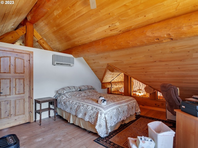 bedroom featuring lofted ceiling with beams, light hardwood / wood-style floors, and wooden ceiling