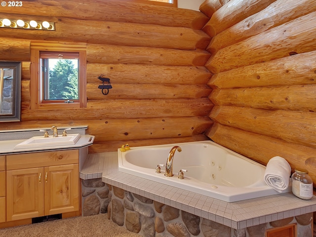 bathroom with rustic walls and large vanity