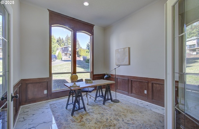 office area with marble finish floor, crown molding, a wainscoted wall, and recessed lighting