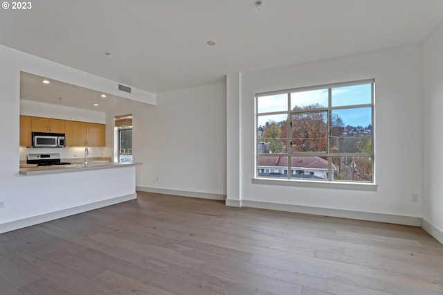 unfurnished living room with sink, a wealth of natural light, and light hardwood / wood-style floors