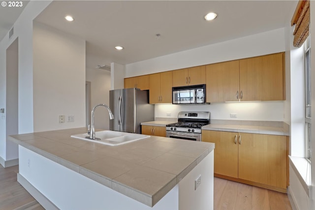 kitchen with light brown cabinets, light hardwood / wood-style floors, appliances with stainless steel finishes, and sink