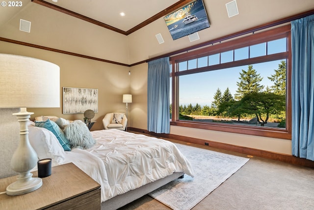 bedroom featuring carpet flooring and crown molding