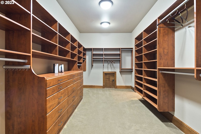 walk in closet with light colored carpet