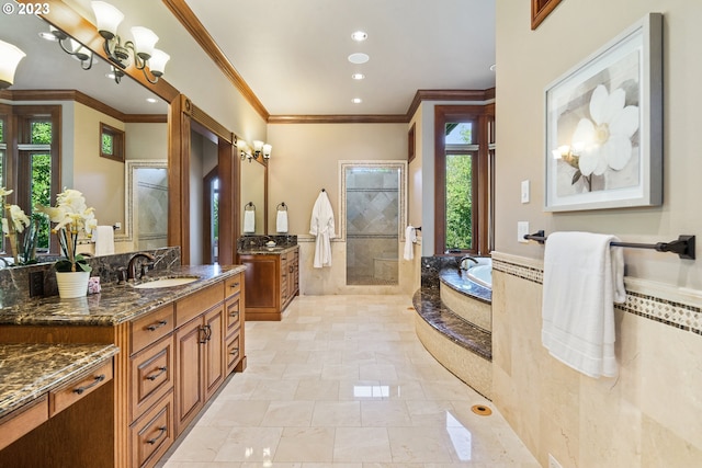 bathroom with tiled bath, tile flooring, a chandelier, large vanity, and ornamental molding