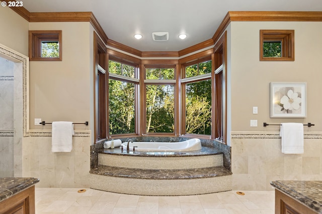 bathroom featuring a relaxing tiled bath, tile flooring, a healthy amount of sunlight, and ornamental molding