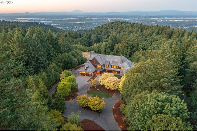 view of aerial view at dusk