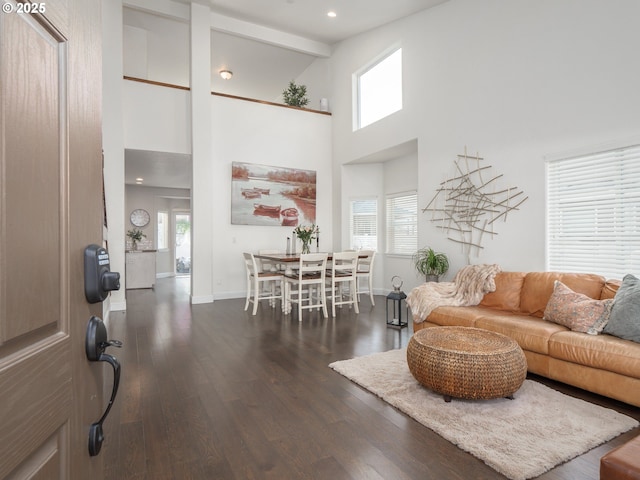 living room with a wealth of natural light, dark wood-type flooring, and a towering ceiling