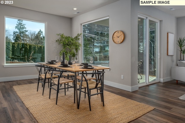 dining area with dark hardwood / wood-style flooring