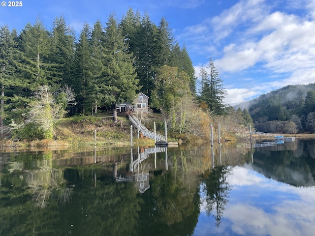 view of dock with a forest view and a water view