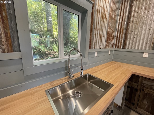 kitchen with a sink, wood finished floors, and butcher block counters