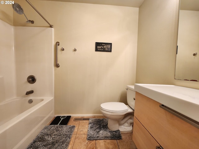 bathroom featuring toilet, visible vents, tile patterned flooring, vanity, and tub / shower combination