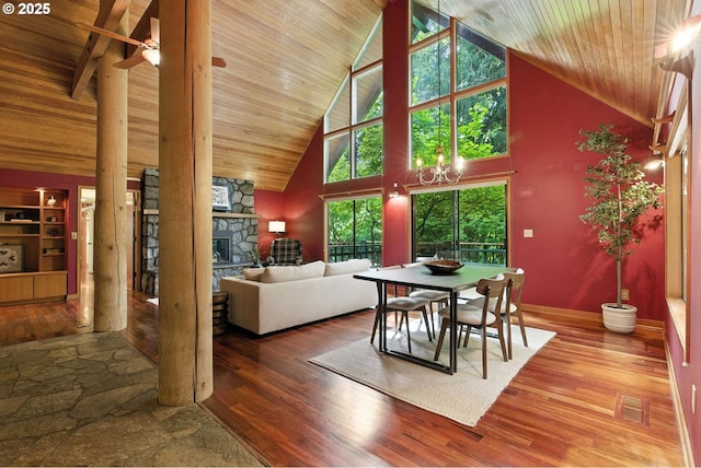 25901 E Highview Dr, Welches, OR 97067 - dining room featuring high vaulted ceiling, a stone fireplace, wood ceiling, wood-type flooring, and a chandelier