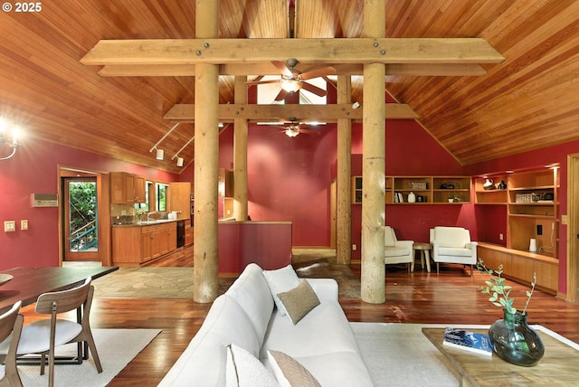 25901 E Highview Dr, Welches, OR 97067 - living area with wood ceiling, light wood finished floors, ceiling fan, and decorative columns