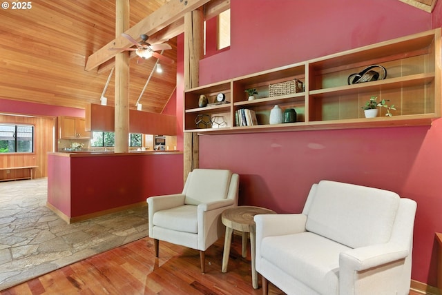 25901 E Highview Dr, Welches, OR 97067 - sitting room featuring light wood-style floors, lofted ceiling, wood ceiling, and ceiling fan