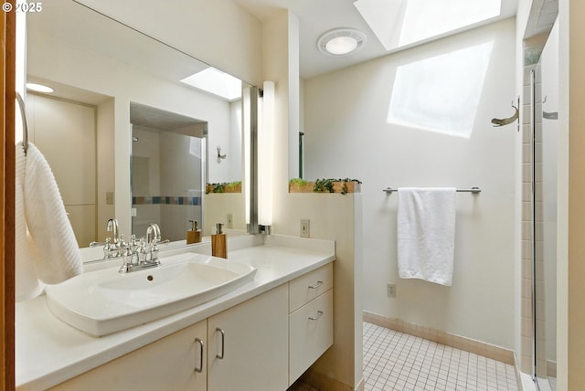 25901 E Highview Dr, Welches, OR 97067 - full bathroom with a skylight, vanity, tile patterned flooring, and a shower