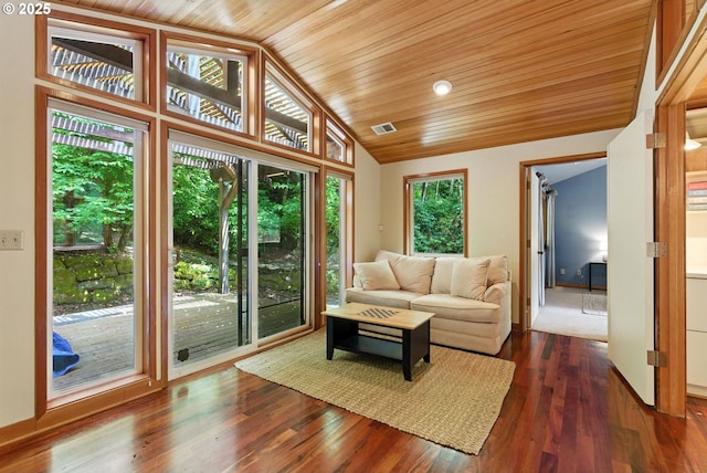 25901 E Highview Dr, Welches, OR 97067 - living area featuring vaulted ceiling, dark wood-type flooring, and wooden ceiling