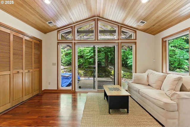 25901 E Highview Dr, Welches, OR 97067 - living area with vaulted ceiling, wood ceiling, dark wood-style floors, and recessed lighting