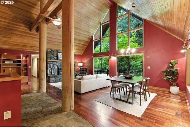 25901 E Highview Dr, Welches, OR 97067 - dining area with high vaulted ceiling, a fireplace, wood ceiling, wood finished floors, and a chandelier