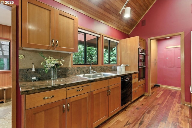 25901 E Highview Dr, Welches, OR 97067 - kitchen featuring black dishwasher, lofted ceiling, tasteful backsplash, wooden ceiling, and brown cabinetry