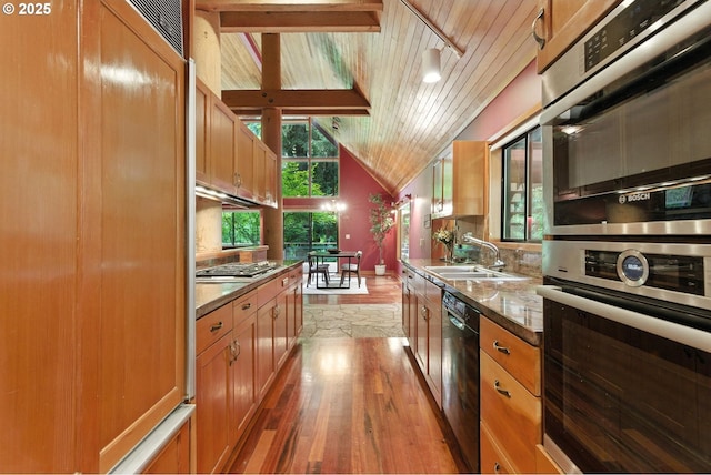 25901 E Highview Dr, Welches, OR 97067 - kitchen featuring stainless steel appliances, light wood-type flooring, lofted ceiling, brown cabinetry, and wooden ceiling