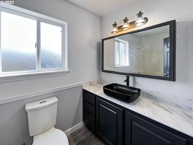 bathroom with wood-type flooring, vanity with extensive cabinet space, toilet, and plenty of natural light