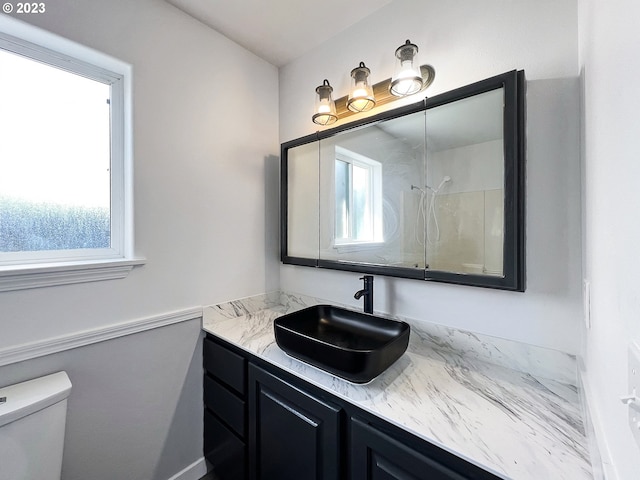 bathroom featuring a healthy amount of sunlight, vanity with extensive cabinet space, and toilet