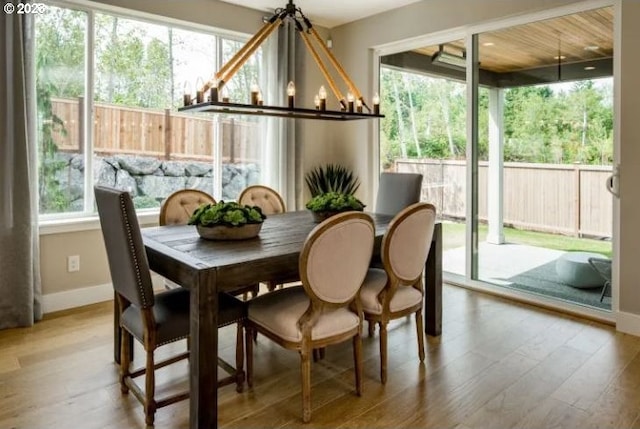 dining space featuring a healthy amount of sunlight, hardwood / wood-style flooring, and a notable chandelier