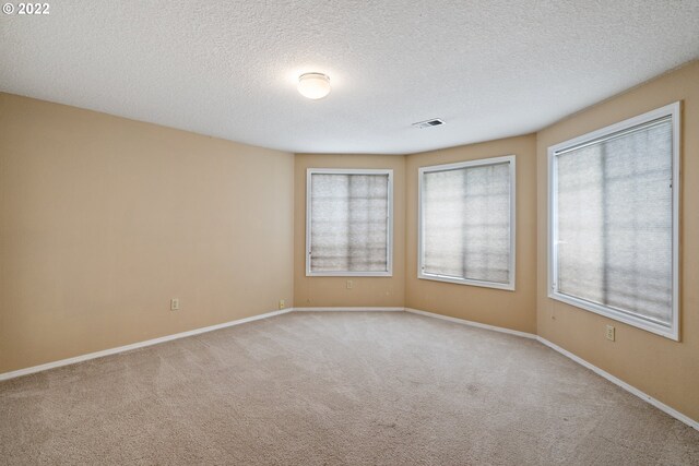 unfurnished room with a textured ceiling and light colored carpet