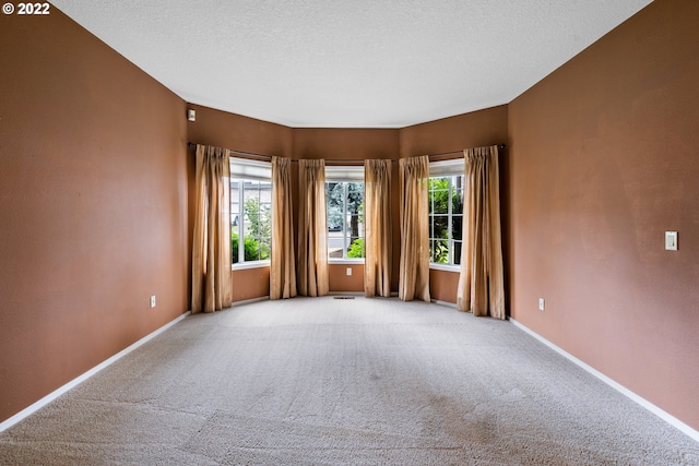 empty room with light carpet and a textured ceiling