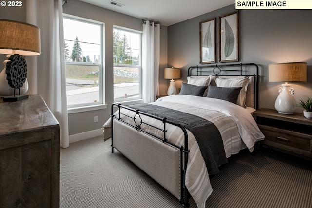 bedroom featuring dark colored carpet