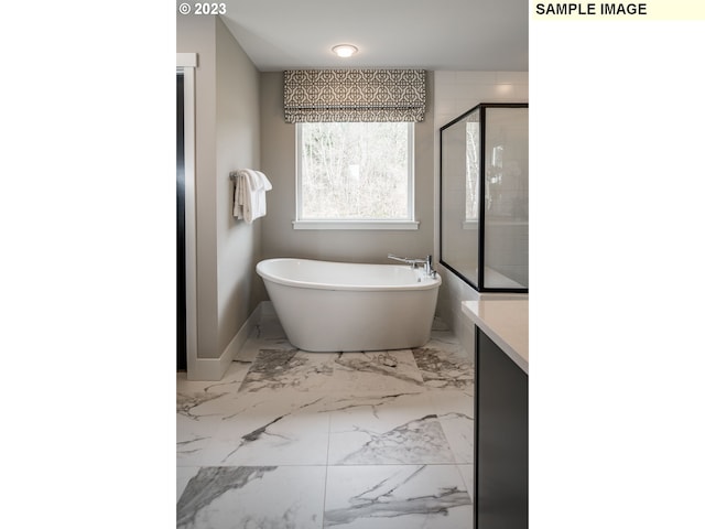 bathroom featuring tile flooring, vanity, and independent shower and bath