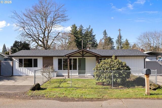 single story home with a fenced front yard and a shingled roof