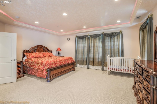 carpeted bedroom featuring a raised ceiling