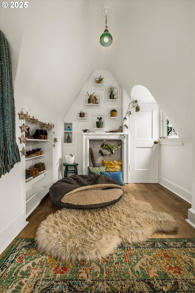 interior space with baseboards, vaulted ceiling, and wood finished floors