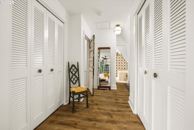 3045 SW Gaston Ave, Portland, OR 97239 - hallway featuring dark wood-style flooring and attic access