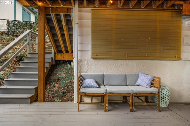 3045 SW Gaston Ave, Portland, OR 97239 - wooden terrace featuring stairway and outdoor lounge area