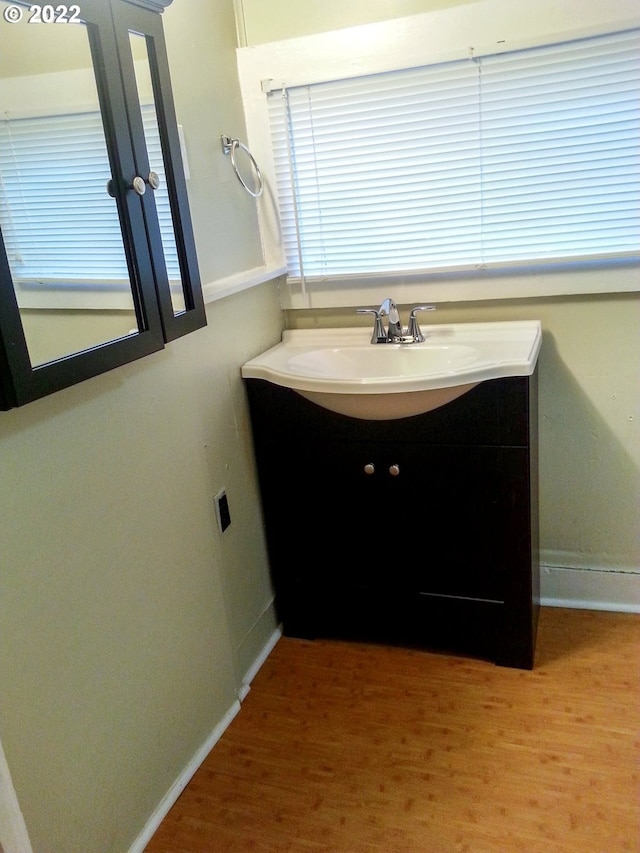 bathroom featuring vanity with extensive cabinet space and hardwood / wood-style flooring