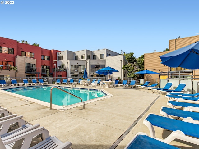 view of swimming pool with a patio