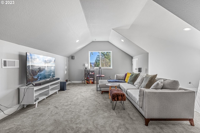 carpeted living room featuring lofted ceiling and a textured ceiling