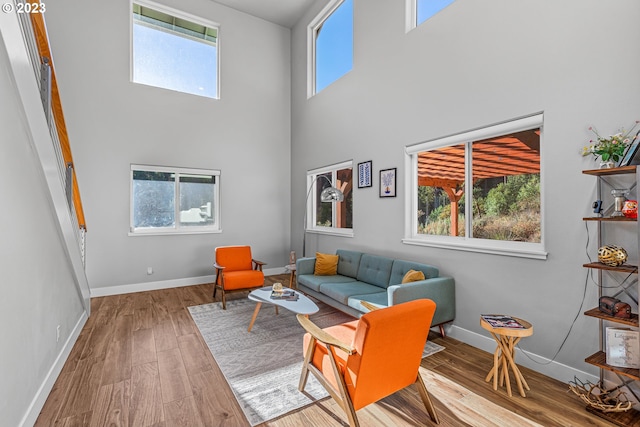 living room featuring a high ceiling, a healthy amount of sunlight, and light hardwood / wood-style flooring