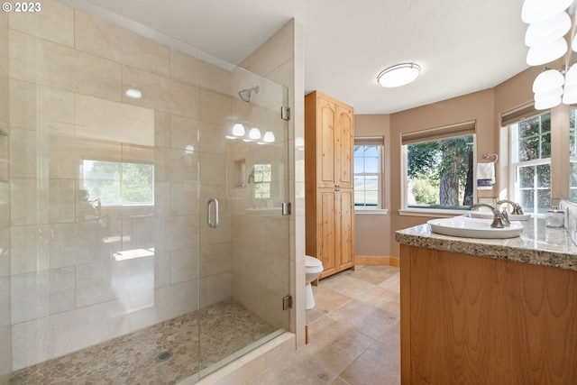 bathroom with an enclosed shower, a healthy amount of sunlight, vanity with extensive cabinet space, and toilet