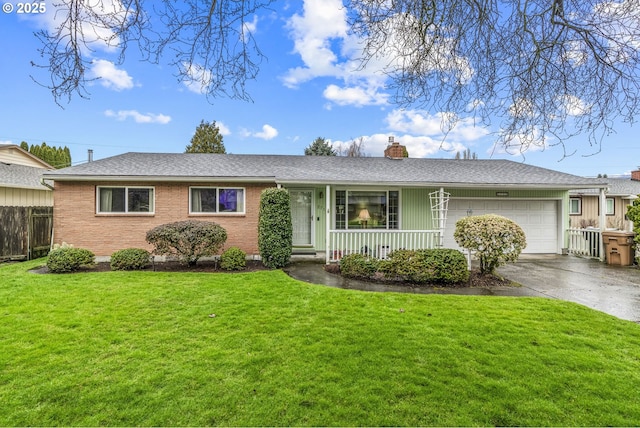 single story home with a garage, a front yard, driveway, and a chimney