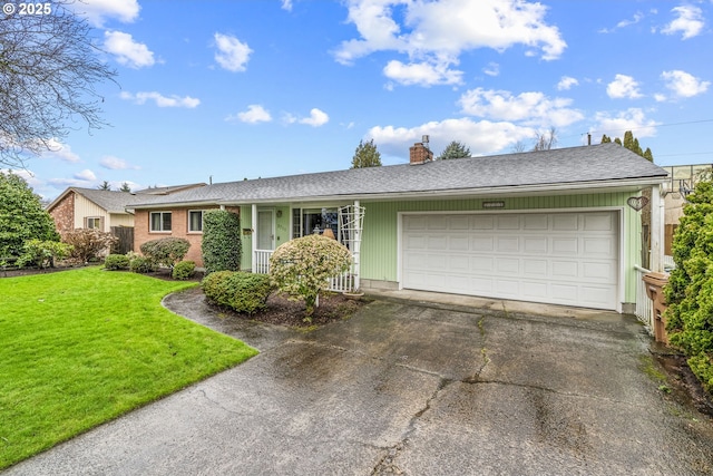 ranch-style home featuring aphalt driveway, a garage, roof with shingles, a front lawn, and a chimney