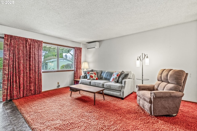 living area with carpet, a textured ceiling, and a wall mounted AC