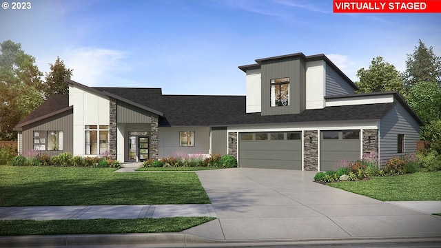 Mountain Home Rd, Sherwood, OR 97140 - contemporary home with stone siding, driveway, a front lawn, an attached garage, and roof with shingles
