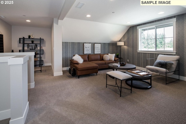 Mountain Home Rd, Sherwood, OR 97140 - living room featuring carpet floors, baseboards, recessed lighting, and vaulted ceiling