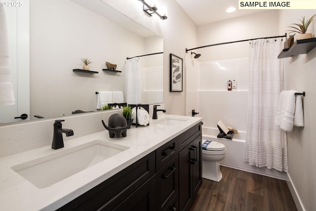 Mountain Home Rd, Sherwood, OR 97140 - full bathroom with toilet, shower / bathtub combination with curtain, double vanity, wood finished floors, and recessed lighting