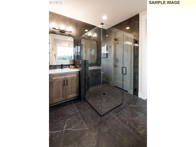 Mountain Home Rd, Sherwood, OR 97140 - full bathroom featuring marble tiled flooring, vanity, a shower stall, and recessed lighting