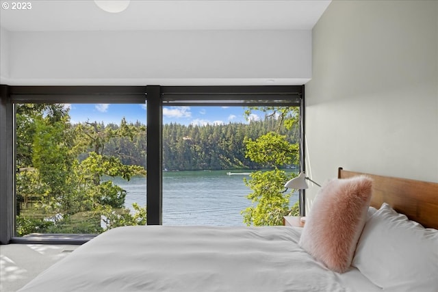 bedroom with carpet flooring and a water view